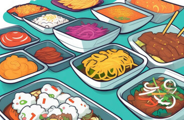 Asian variety of dishes, sauces and rice noodles on the table