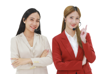 Couple Businesswomen Call Center and technical Support staff with headset Smiling isolated on white background. Asian customer friendship and support team
