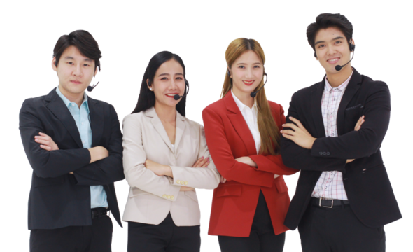 Powerful and Successful of Business group Call Center and technical Support staff for receptionist phone operator. Asian customer support team isolated on white background