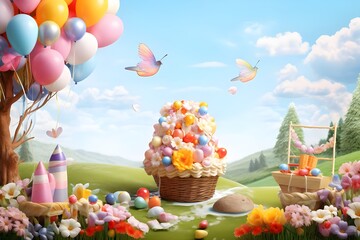 Fototapeta na wymiar Easter egg cake in basket with easter eggs birds and balloon