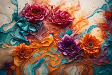 A mesmerizing image featuring the smooth blend of colorful liquids on a contemporary canvas, enhanced by artistic flower motifs against a clean background