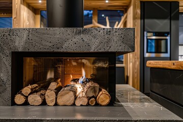 Fototapeta premium Fireplace with firewood in the interior of a modern house.