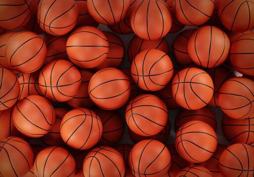Basketball balls background. Many orange basketball balls lying in a pile
