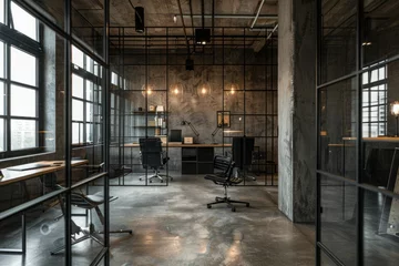 Fotobehang Interior of modern office with black and wooden walls, concrete floor, rows of computer tables and gray chairs. © igolaizola