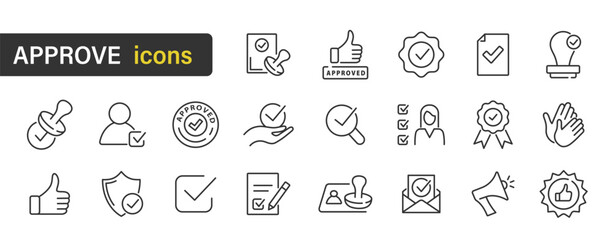 Approve icons set. Approval and certified. Symbol collection in transparent background.