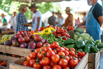 Fresh organic produce on sale at local farmers market. Healthy eating and local produce shopping.