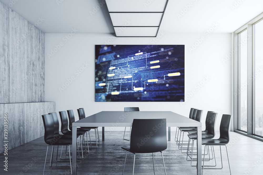 Poster Abstract creative programming illustration on presentation monitor in a modern boardroom, big data and blockchain concept. 3D Rendering