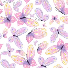 Watercolor seamless pattern with abstract purple butterflies. For fabric, textiles, wallpaper