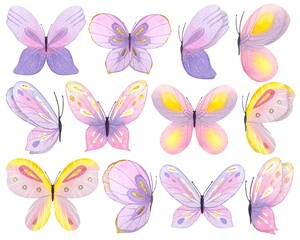 Set with abstract butterflies in purple and yellow tones, watercolor.