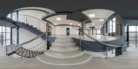 hdri 360 panorama view on stairs in empty modern hall with columns, doors and panoramic windows in...