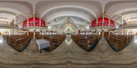 hdri 360 panorama inside empty modern catholic church in goa india in full spherical...