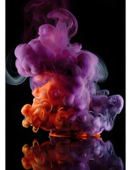 Red, purple and orange color smoke on black background, wide format image. Generative AI