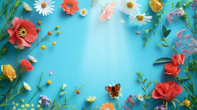 Frame of flowers and butterflies with sun sustains. Seamless looping time-lapse video animation background