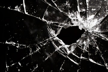 Black and white portrait of broken glass, glass cracks texture suitable for design material. Streetwear design material, collage, modern. Broken glass isolated black background. AI Generated.