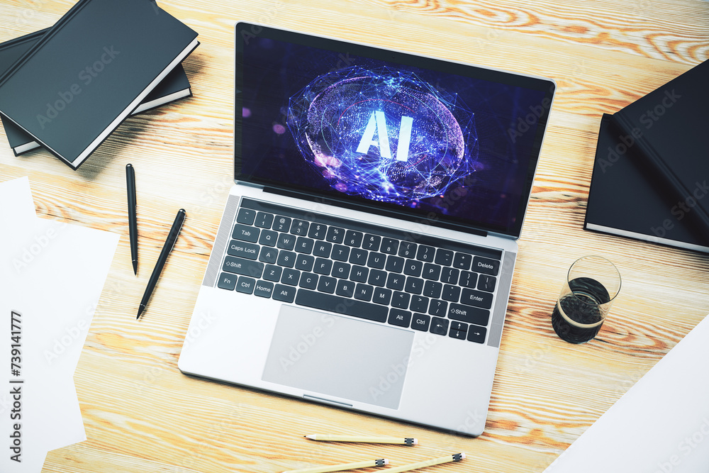 Poster Creative artificial Intelligence symbol concept on modern computer monitor. 3D Rendering