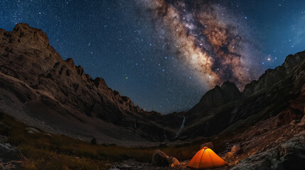 Tents camping in the dark night with dramatic milky way on above, in autumn season, alone life and...