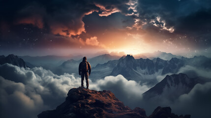 Victory moment a man standing on the top mountain and looking forward to far away