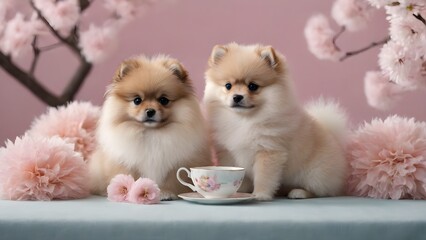 Two cute Pomeranian puppy sitting near teacup - obrazy, fototapety, plakaty