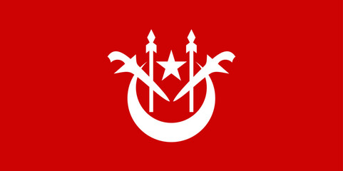 Flag of Kelantan (Malaysia) Kelantan Darul Naim, Klate, red field defaced with a white crescent and star and two white kris and spears