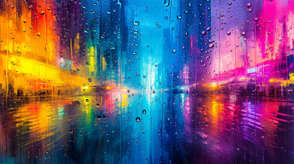 Raindrops race down a car window, distorting the cityscape into a colorful, abstract painting, merging the melancholy of rain with the vibrant hues of urban life