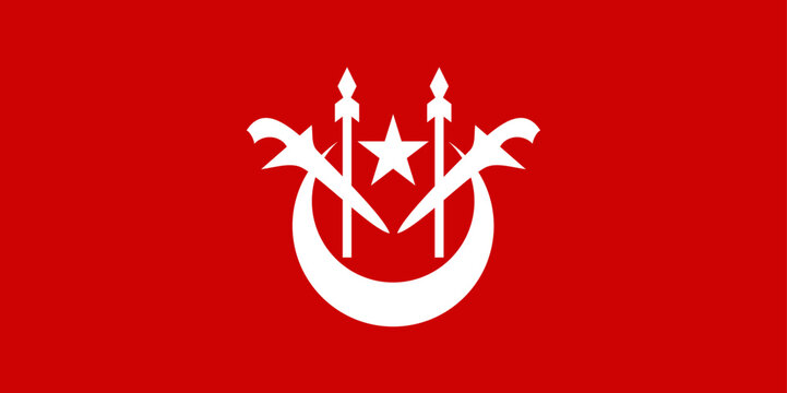 Flag of Kelantan (Malaysia) Kelantan Darul Naim, Klate, red field defaced with a white crescent and star and two white kris and spears