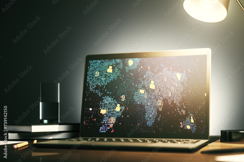 Aufkleber Modern computer screen with social network icons concept and world map. Networking concept. 3D Rendering