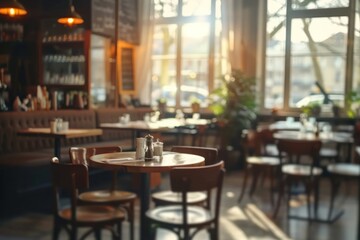 Fototapeta na wymiar Blurred cafe scene perfect for background ambiance capturing essence of bustling coffee shop or restaurant with bokeh effect showcasing abstract interior atmosphere suitable for business dining