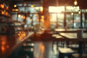 Fototapeta na wymiar Blurred cafe scene perfect for background ambiance capturing essence of bustling coffee shop or restaurant with bokeh effect showcasing abstract interior atmosphere suitable for business dining