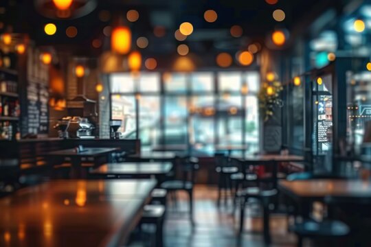 Blurred cafe scene perfect for background ambiance capturing essence of bustling coffee shop or restaurant with bokeh effect showcasing abstract interior atmosphere suitable for business dining