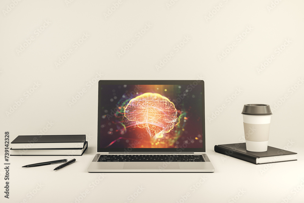 Aufkleber modern computer monitor with creative artificial intelligence symbol. neural networks and machine le