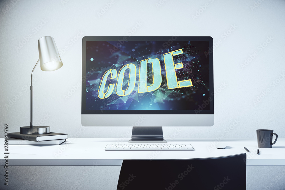 Fototapete creative code word sign on modern computer monitor, international software development concept. 3d r