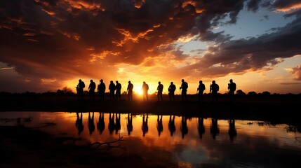 Silhouettes of soldiers saluting on background of sunset