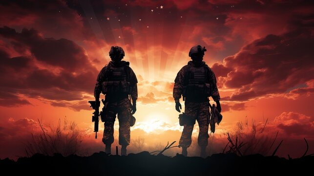 Silhouettes of soldiers saluting on background of sunset