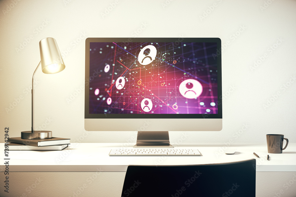 Poster social network concept on modern laptop screen. 3d rendering