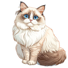 Illustration of a cat with blue eyes sitting on a white background