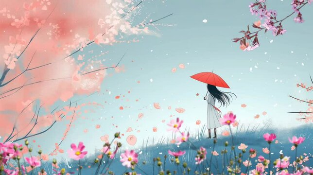 Animated girl illustration with umbrella in meadow. Seamless looping time-lapse video animation background 