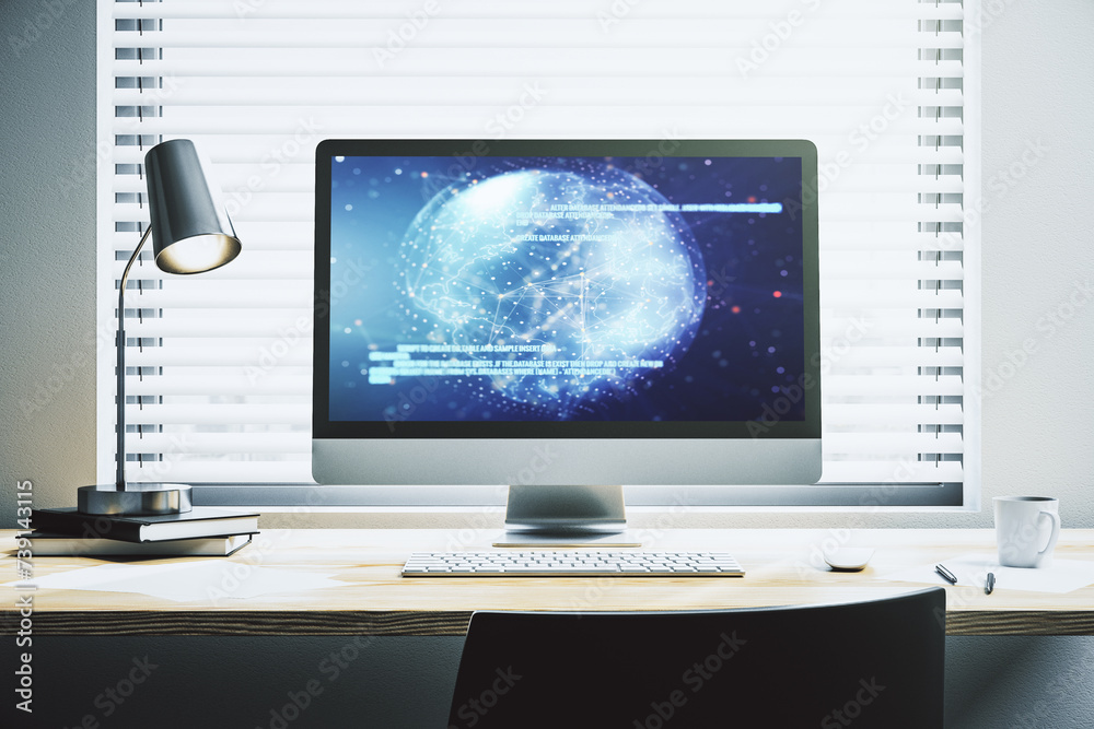 Fototapete modern computer display with abstract programming language hologram and world map, artificial intell