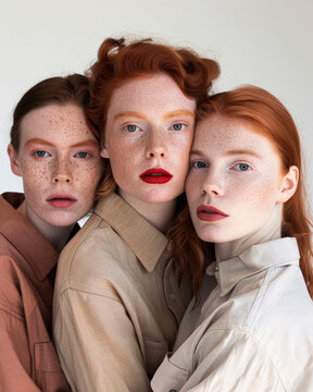 Creative studio shot of real readhead women with freckles and red lips