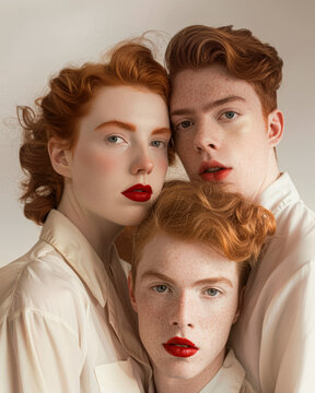 Redhead androgyne men and womwn with porcelain skin, freckles and red lips, androgyny studio shot