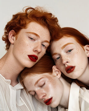 Creative studio shot of real readhead people with freckles and red lips