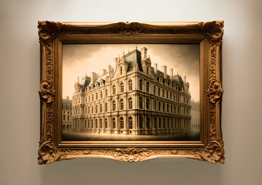 Oil painting of a historic European building, framed elegantly on the wall