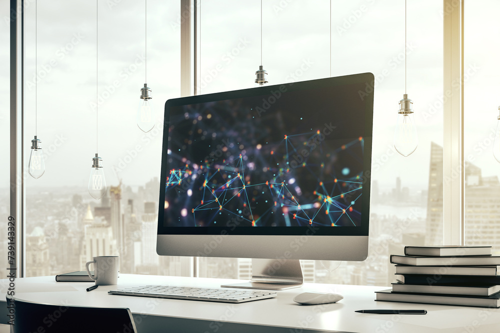 Aufkleber creative abstract technology sketch on modern laptop monitor, future technology and ai concept. 3d r