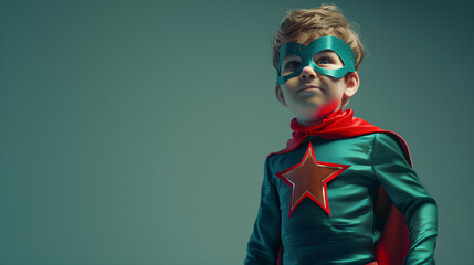 Child dressed as a hero costume with face expression on red color background with copy space on left side