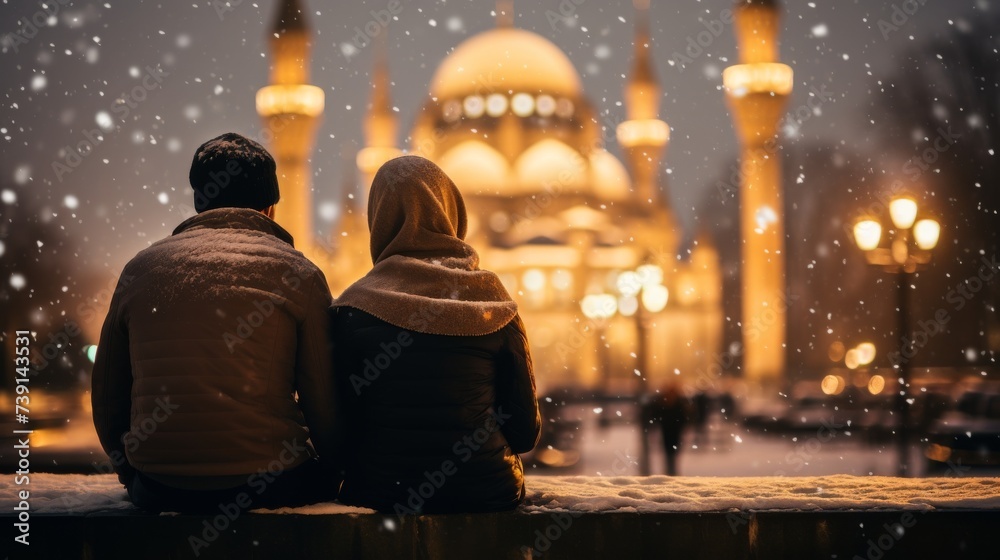 Wall mural Muslim couple sitting on a bench. Background with out of focus islamic mosque lights