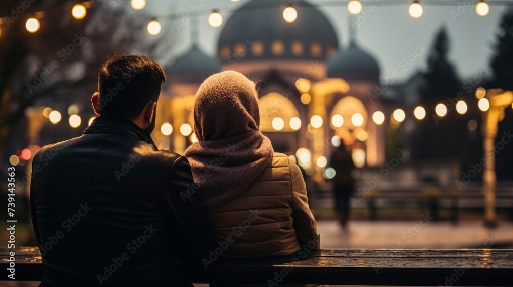 Wall mural Muslim couple sitting on a bench. Background with out of focus islamic mosque lights