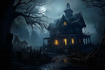 Eerie dilapidated haunted house embraces its eerie reputation with spooky charm. Concept Haunted Houses, Eerie Atmosphere, Dilapidated Buildings, Spooky Charm, Ghostly Presence