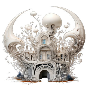 A sculpture of a fantasy world with a bride holding an umbrella standing in front of a small house in a forest of mushrooms.