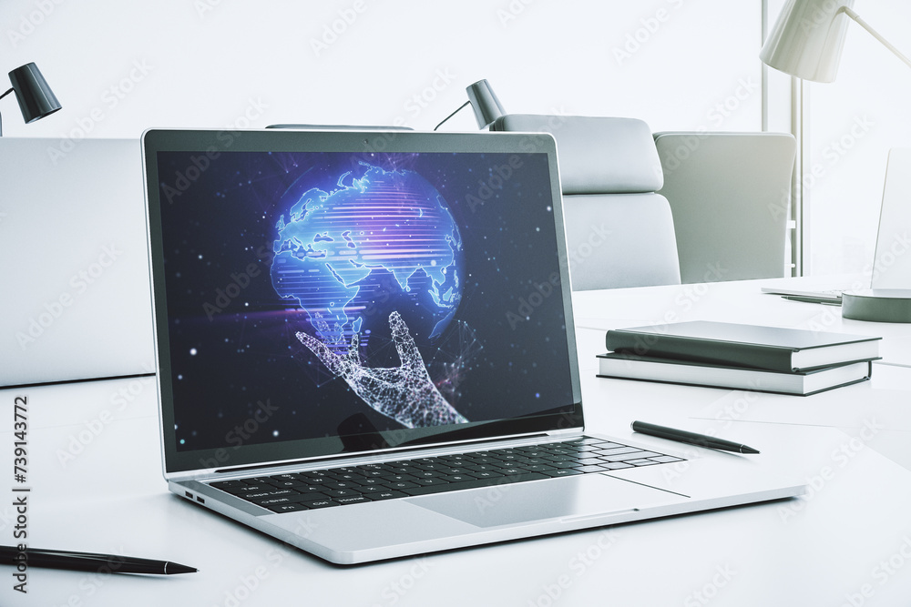 Poster abstract graphic world map on modern laptop screen, connection and communication concept. 3d renderi