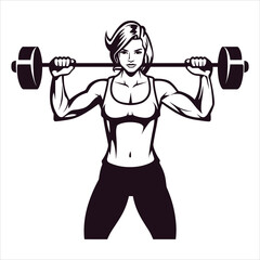 Obraz premium Girl bodybuilder lifts a barbell with a big weight, sports training in the gym, cartoon vector