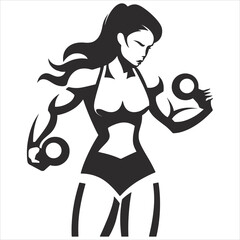 Girl bodybuilder lifts a barbell with a big weight, sports training in the gym, cartoon vector